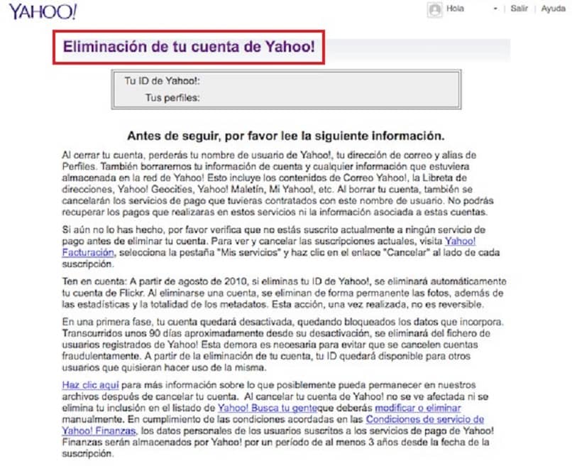 Eliminación de cuenta Yahoo