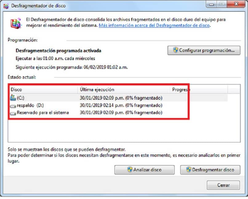 desfragmentacion programacion optimizar windows 7,8 y 10